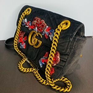 Gucci Marmont Black Velvet Embroidered Shoulder Bag Small
